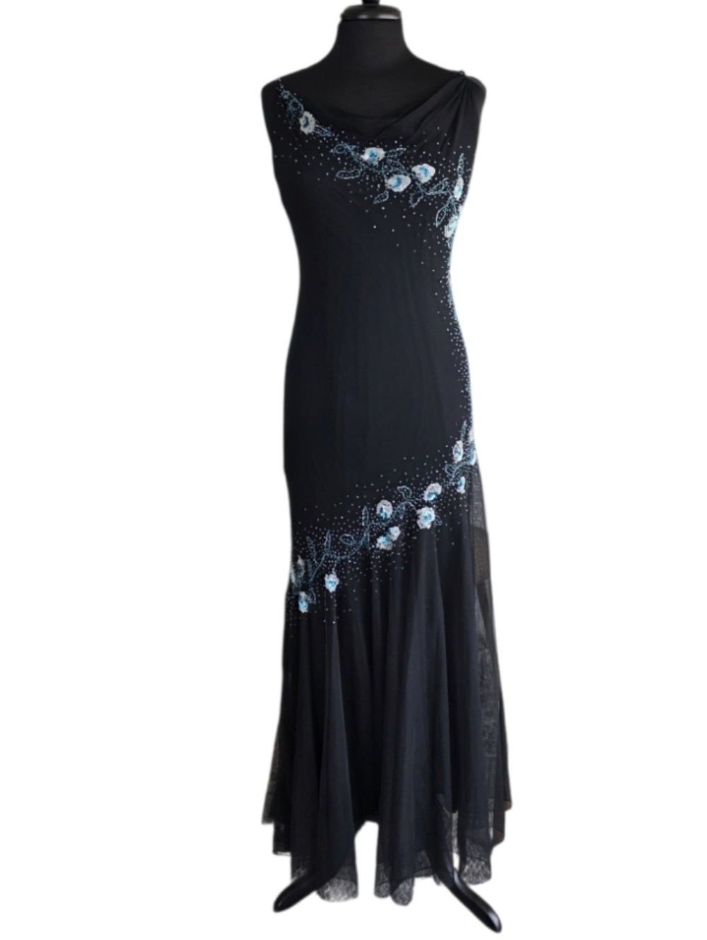 Vintage Y2K Xscape 12 Silk Fairy Black Maxi Dress Beaded Floral Boho Chic Gown